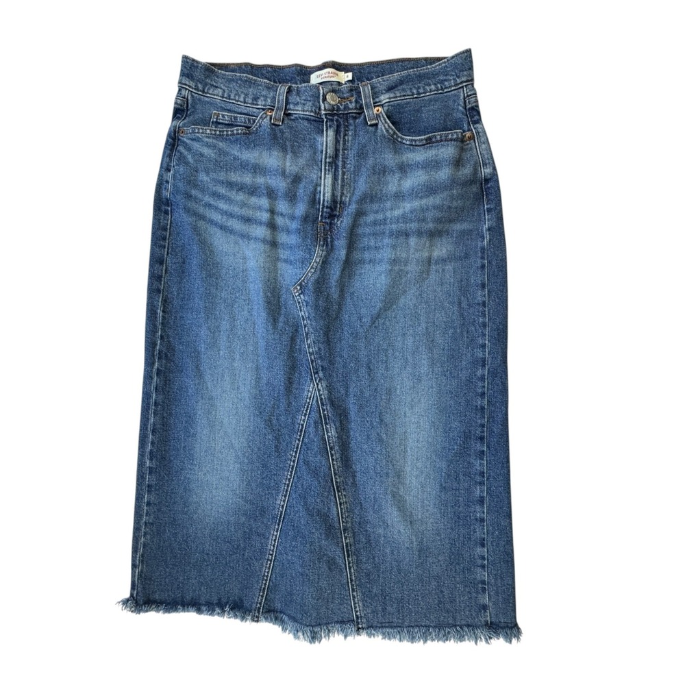 Levi Blue Denim Midi Skirt Womens 8 Raw Hem Five Pocket Western Streetwear Boho
